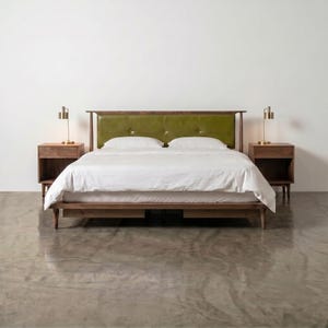 Mid Century Modern Solid Wood and Leather Platform Bed Frame King Queen Storage Bed