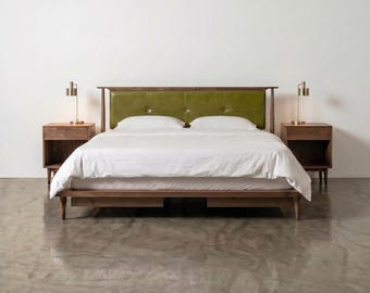 Mid Century Modern Solid Wood and Leather Platform Bed Frame King Queen Storage Bed