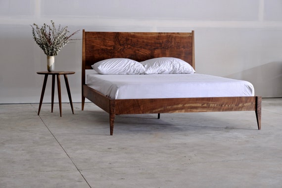 Mid Century Modern Walnut Bed Solid Wood Platform Mid Century Modern Walnut Bed Solid, Modern Mid Century Natural Color Walnut King Size Platform Bed