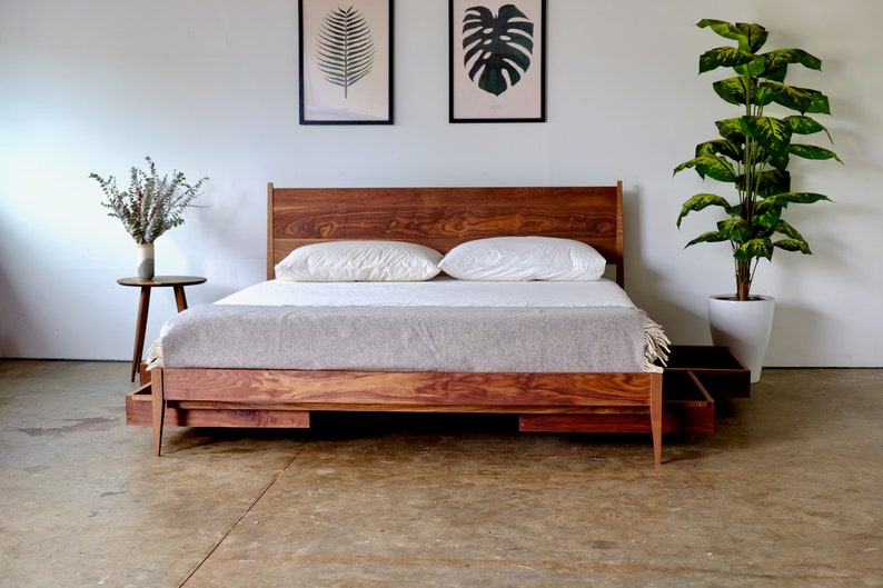 Mid Century Modern Walnut Bed Solid Wood Platform Bed Frame Etsy