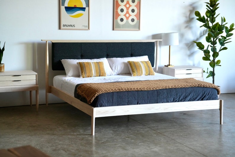 Upholstered Headboard Bed Made To Order Solid Wood Platform Bed Mid Century Modern Storage Bed Walnut Bedframe Maple Bed Bed No. 3 image 2