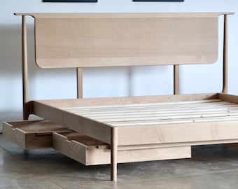 White Oak Platform Bed in Mid Century Modern Eames Styling / Storage Platform Bed All Solid Hardwood / Handmade in Pacific Northwest