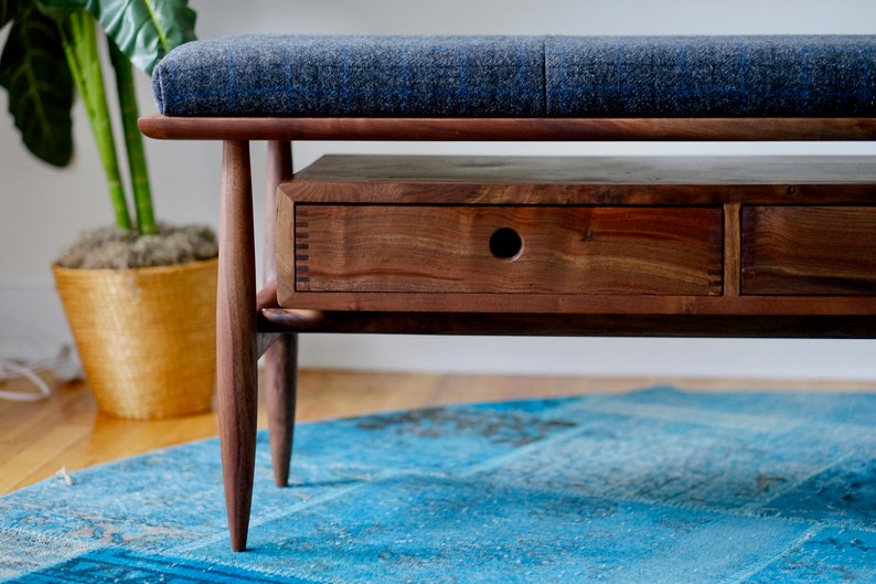 Upholstered Entryway Bench Mid Century Modern Wooden Hallway Bench Storage Bench Mudroom Bench Entryway Organizer image 5
