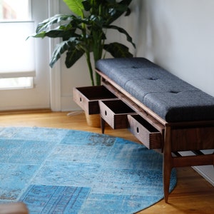 Upholstered Entryway Bench Mid Century Modern Wooden Hallway Bench Storage Bench Mudroom Bench Entryway Organizer image 8