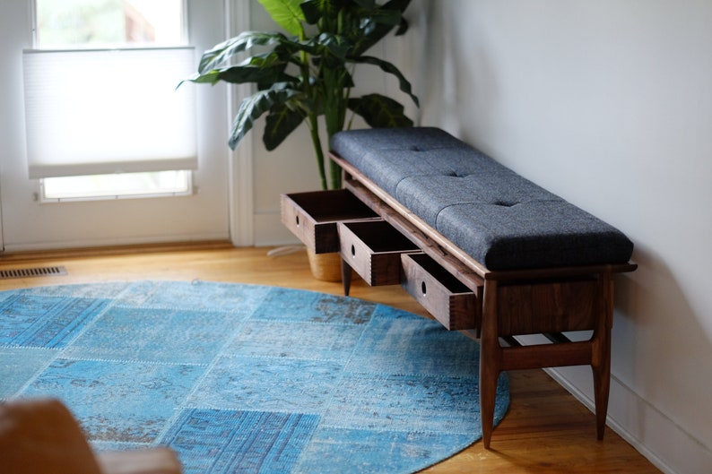 Upholstered Entryway Bench Mid Century Modern Wooden Hallway Bench Storage Bench Mudroom Bench Entryway Organizer image 8