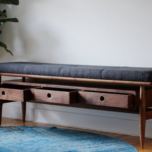 Upholstered Entryway Bench Mid Century Modern Wooden Hallway Bench Storage Bench Mudroom Bench Entryway Organizer image 1