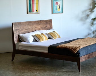 Mid Century Modern Walnut Platform Bed: King/Queen Size, Optional Storage