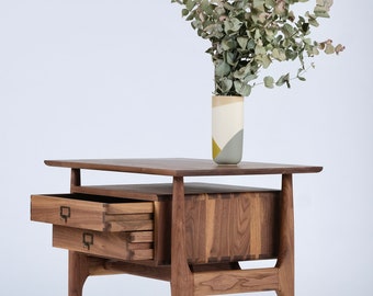 Handcrafted Walnut Side Table: Mid-Century Modern Nightstand with Dovetail Drawers