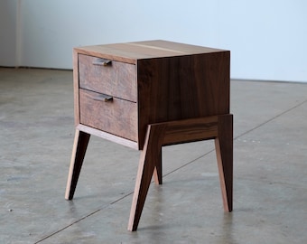 Mid Century Modern Walnut Nightstand: Solid Wood Bedside Table