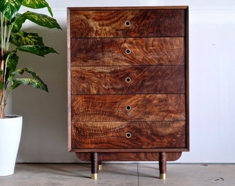Handmade Mid Century Modern Walnut Dresser: 5-Drawer Solid Wood