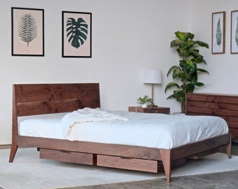 Walnut Wood Platform Bed with Storage: Mid Century Modern Bedframe