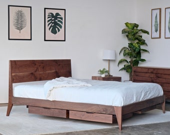 Wood Platform Storage Bed | Walnut Bed |  Platform Bed with Storage | Mid Century Modern Wooden Bedframe | Mid Century Bed | Eames Style Bed