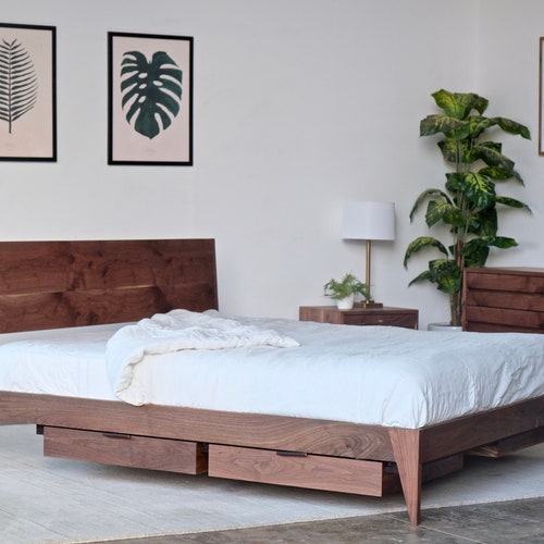 Wood Platform Storage Bed Walnut Modern Shaker Wood Platform Storage Bed Walnut, Mid Century Modern Wood Bed Frame King