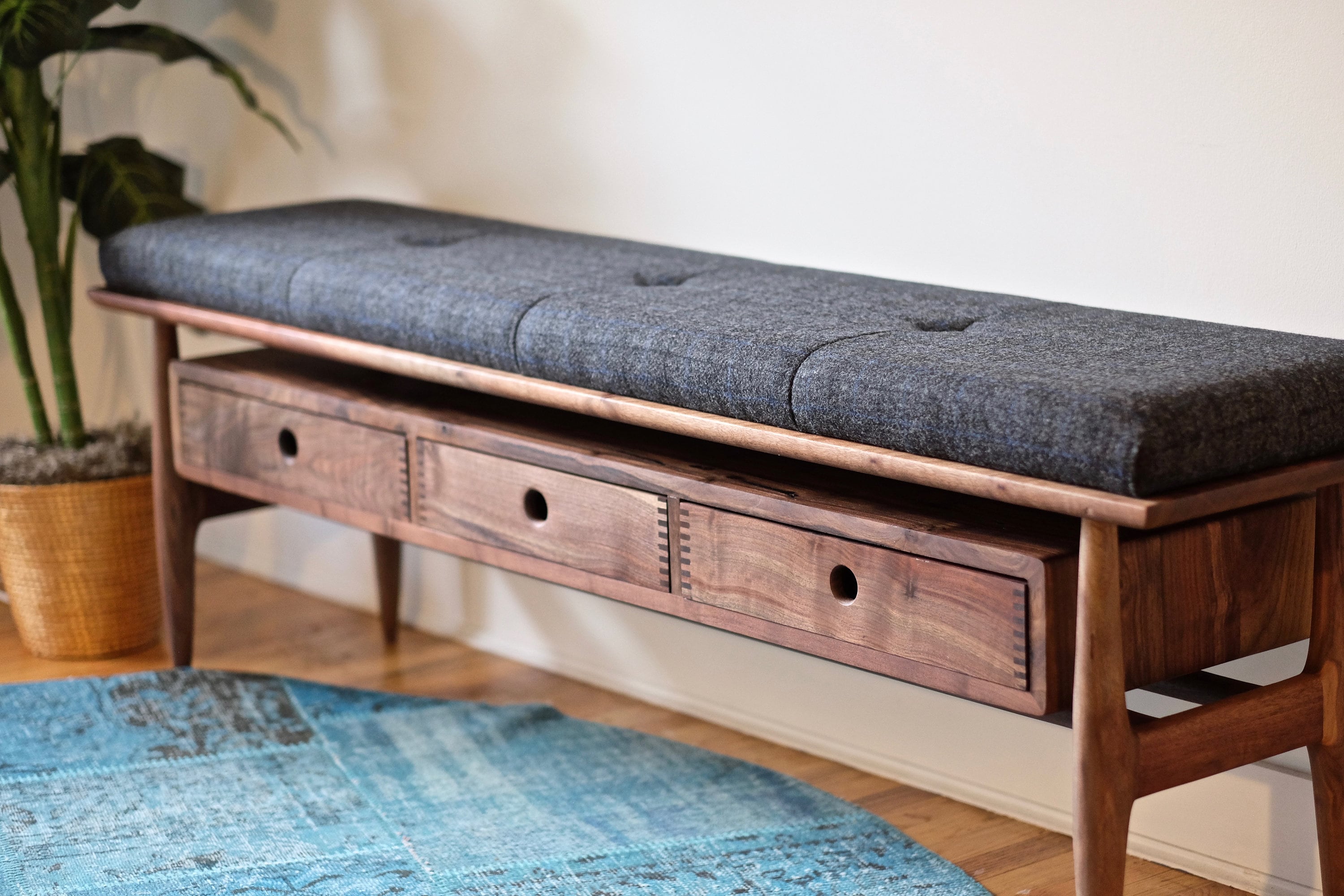 Mid Century Modern Entryway Bench Upholstered Wood Hallway Etsy