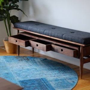 Upholstered Entryway Bench Mid Century Modern Wooden Hallway Bench Storage Bench Mudroom Bench Entryway Organizer image 2