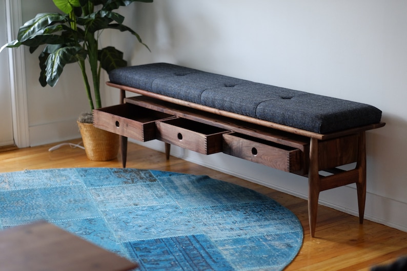 Upholstered Entryway Bench Mid Century Modern Wooden Hallway Bench Storage Bench Mudroom Bench Entryway Organizer image 2