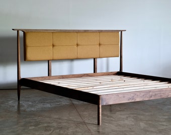 Mid Century Modern Platform Storage Bed | King Size Solid Wood upholstered headboard bed frame | Queen Full Twin | Bed No. 3