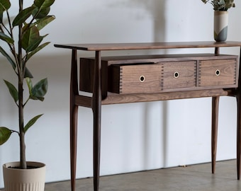 Mid Century Modern Walnut Entry Table: Handmade Hallway Foyer Table