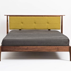 Mid Century Modern Solid Wood Platform Bed with Upholstered Headboard