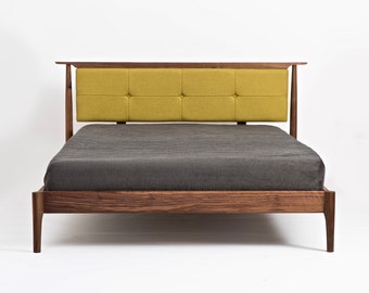 Mid Century Modern Platform Storage Bed | King Size Solid Wood upholstered headboard bed frame | Queen Full Twin | Bed No. 3