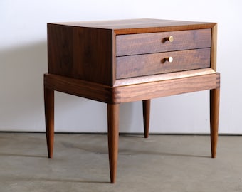 Mid Century Modern Walnut Nightstand with Drawers - Custom Wood Side Table
