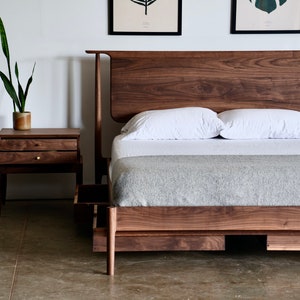 Handmade Walnut Platform Bed: Mid Century Modern Hardwood Bedframe