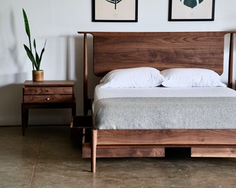 Walnut Modern Platform Bed | Handmade Mid Century Wood Storage Bed | Custom Hardwood Bedframe with Headboard | King Queen Twin | Bed No. 5