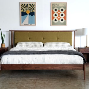 Mid Century Modern Upholstered Headboard Platform Bed / storage Bed Optional / Solid Walnut Maple Cherry White Oak Bed Frame Pendleton Wool