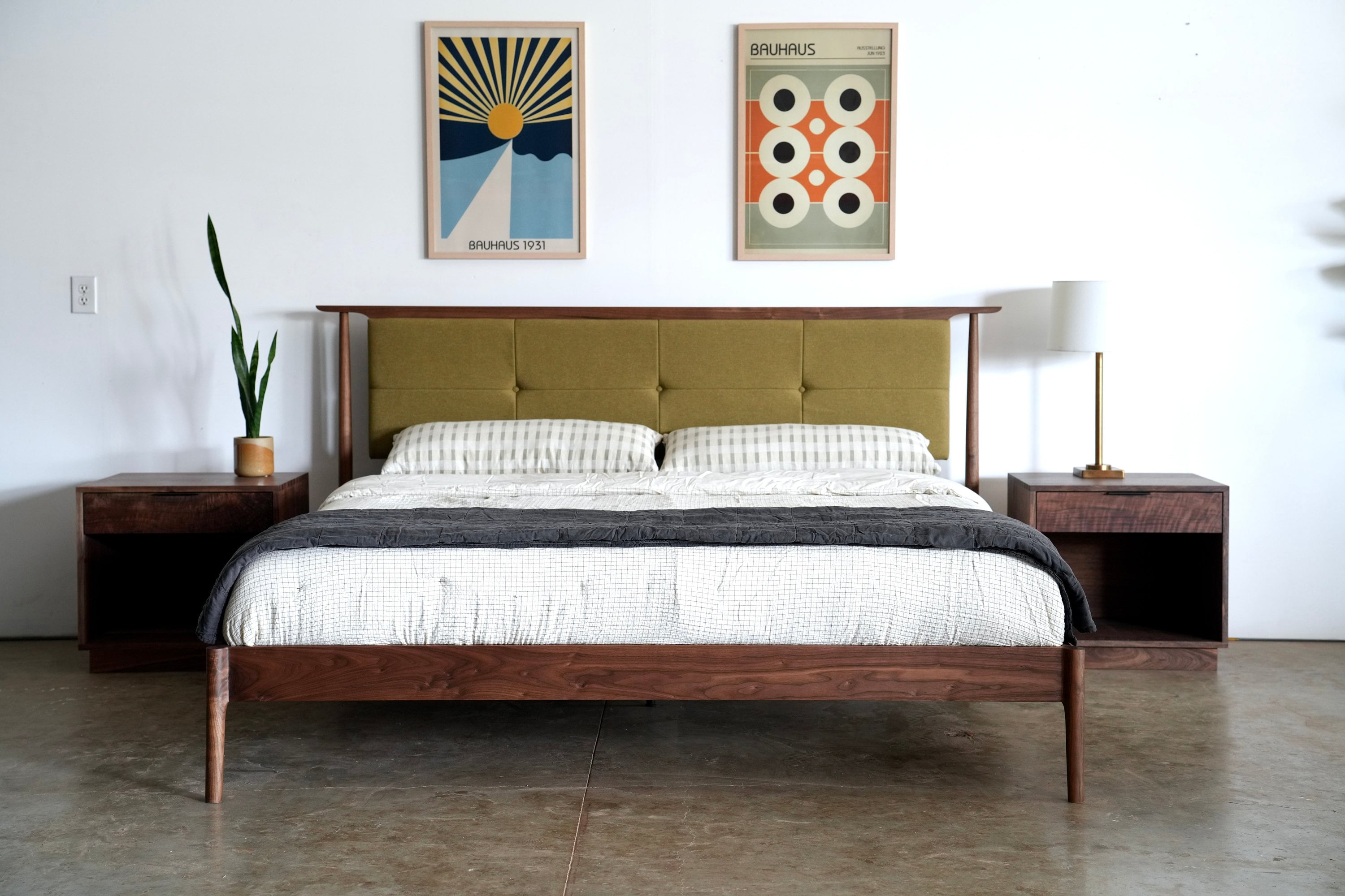 Mid Century Modern Upholstered Headboard Platform Bed / storage Bed Optional / Solid Walnut Maple Cherry White Oak Bed Frame Pendleton Wool