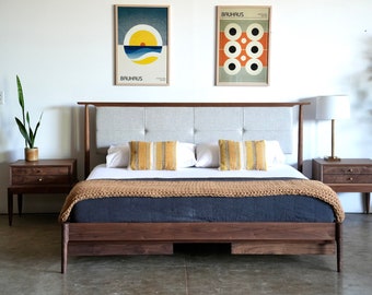 Mid Century Modern Platform Storage Bed | King Size Solid Wood upholstered headboard bed frame | Queen Full Twin | Bed No. 3