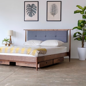 Mid Century Modern Platform Storage Bed Optional | Upholstered Headboard | Bed No. 3