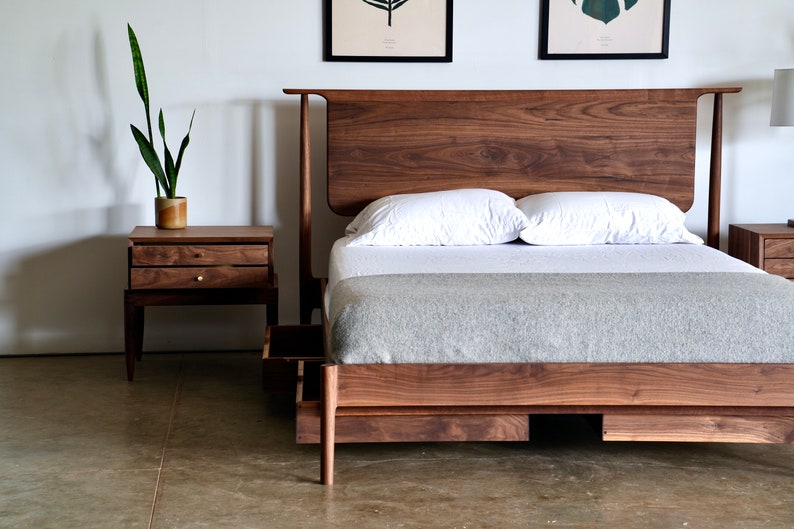 Solid Wood Platform Bed Cherry Mid Century Modern Furniture Solid Wood Bed Frame Mid Century Modern Bed Frame King Queen Full Bed image 7