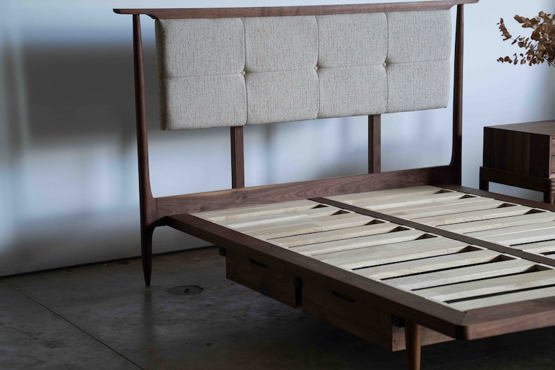 Mid Century Modern Platform Bed Frame Storage Optional / Leather Upholstered Headboard image 9