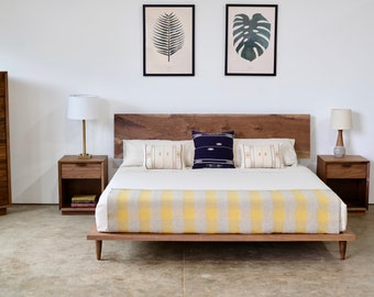 Minimalist Walnut Platform Bed: Mid-Century Modern Solid Wood Bed Frame