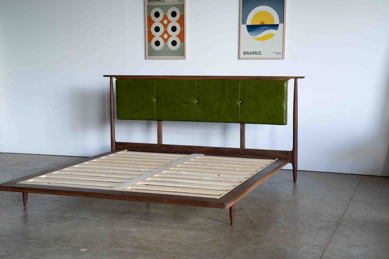 Mid Century Modern Platform Bed Frame Storage Optional / Leather Upholstered Headboard image 5