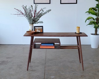 Mid Century Modern Entry Table | Solid Walnut Hallway Table | Foyer Table | Vintage Style Sofa Table with Floating Box Storage