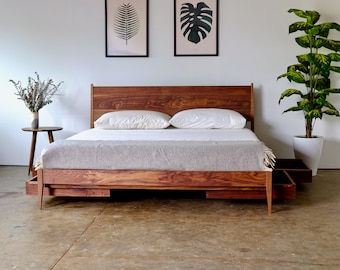 Wooden Storage Bed | Mid Century Modern Bed | Storage Bedframe | Walnut Bed with Drawers | Modern Shaker Style Bed with Storage