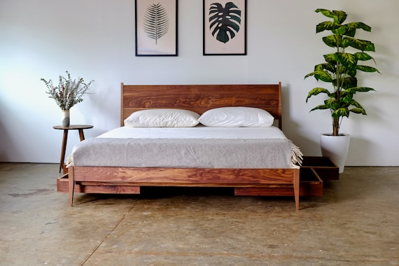 Wooden Storage Bed Mid Century Modern, Mid Century Modern Queen Size Bed Frame