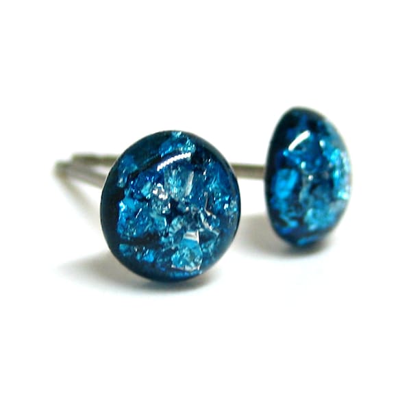 Forget Me Not Blue Silver Flake Stud Earrings | Surgical Steel or Hypoallergenic Titanium Posts, Handmade in Canada
