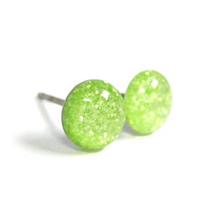Chelone Celery Green Glitter Titanium Stud Earrings | Hypoallergenic Titanium Posts, Handmade in Canada