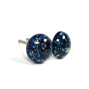 Sapphire Blue Gold Flake Titanium Stud Earrings | Hypoallergenic Titanium Posts, Handmade in Canada