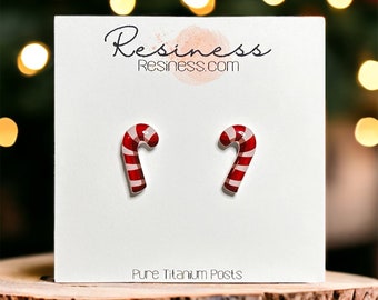 Candy Cane Stud Earrings | Surgical Steel or Hypoallergenic Titanium Posts, Handmade in Canada
