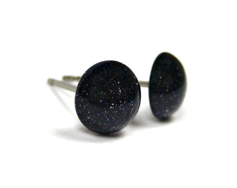 Blue Goldstone Stud Earrings, 7mm Gemstone Studs, Galaxy Studs, Nebula, Celestial Stone, Pure Titanium Posts, Made in Canada