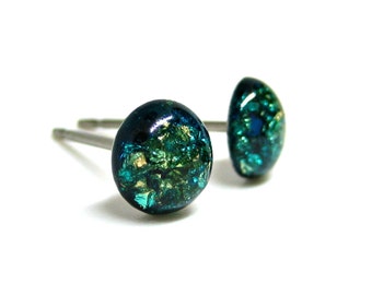 Forget Me Not Teal Gold Flake Stud Earrings | Surgical Steel or Hypoallergenic Titanium Posts, Handmade in Canada