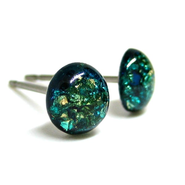 Forget Me Not Teal Gold Flake Stud Earrings | Surgical Steel or Hypoallergenic Titanium Posts, Handmade in Canada