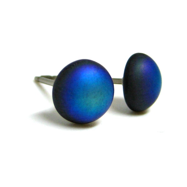 Black & Blue Matte Glass Stud Earrings - 7mm, Pure Titanium Studs, Pain-Free, Hypoallergenic, Tiny Blue Studs, Minimalist Earrings