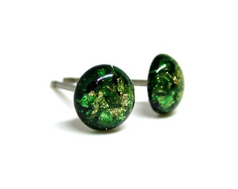 Kiwi Green Gold Flake Stud Earrings | Surgical Steel or Hypoallergenic Titanium Posts, Handmade in Canada