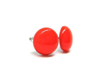 Neon Peach Red Solid Color Stud Earrings | Surgical Steel or Hypoallergenic Titanium Posts, Handmade in Canada