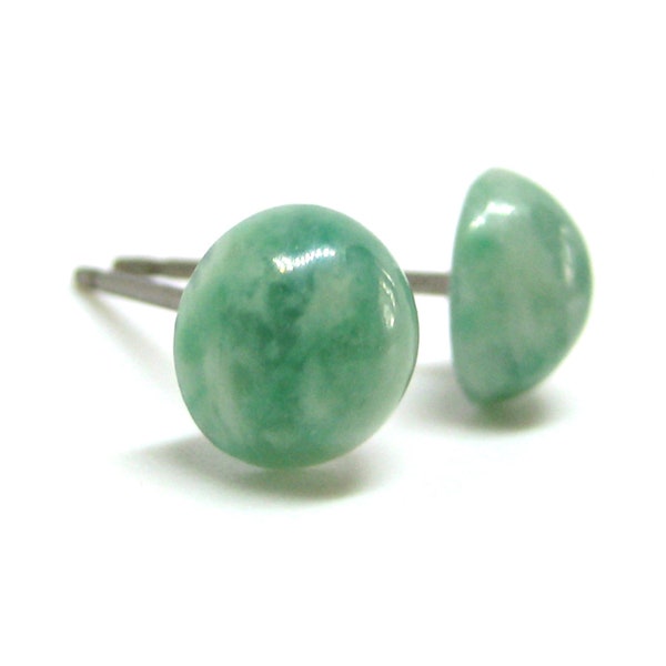 Genuine Jade Gemstone Titanium Stud Earrings, 7mm Hypoallergenic Pure Titanium Earrings For Sensitive Skin, Handmade Earrings