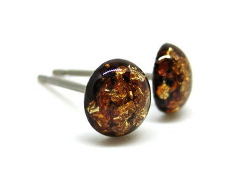 Caramel Brown Gold Flake Stud Earrings | Surgical Steel or Hypoallergenic Titanium Posts, Handmade in Canada